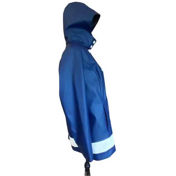 Talbots Womens Size M Rain Jacket Detachable Hood  Navy Lined White Stripe - Picture 5 of 12